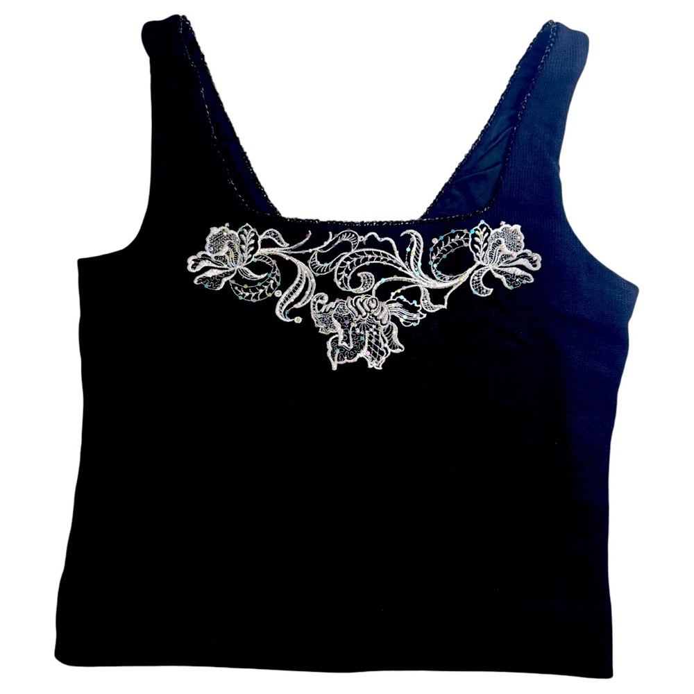 St.John Santana Knit Top Black Size 6 Floral Embroidery Rhinestone Sequins Zip